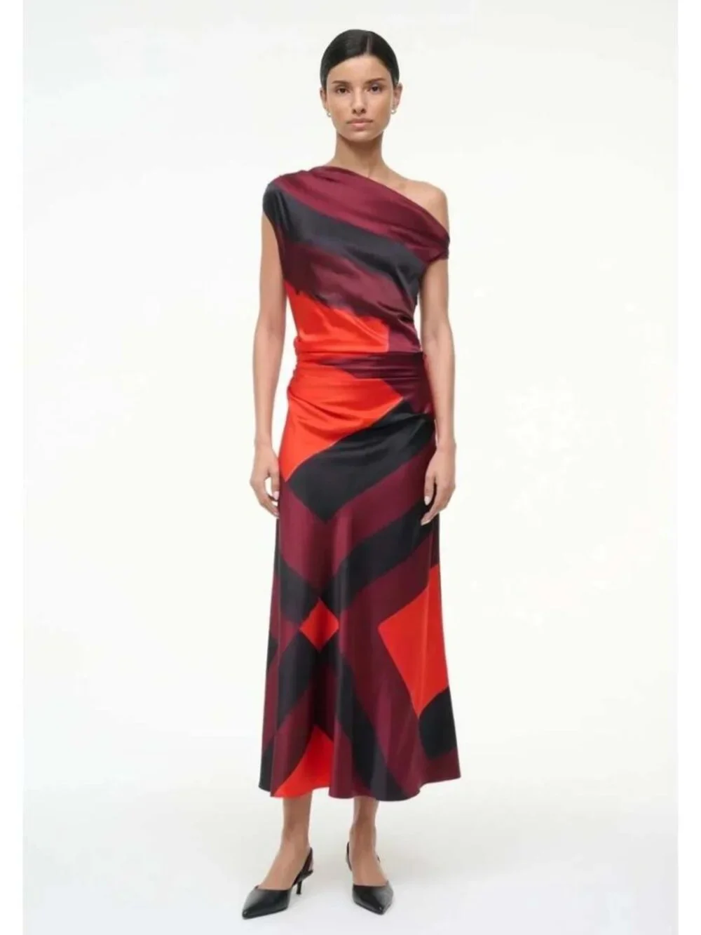 STAUD Phare One-Shoulder Silk Midi Dress Ruby Prism Size 6